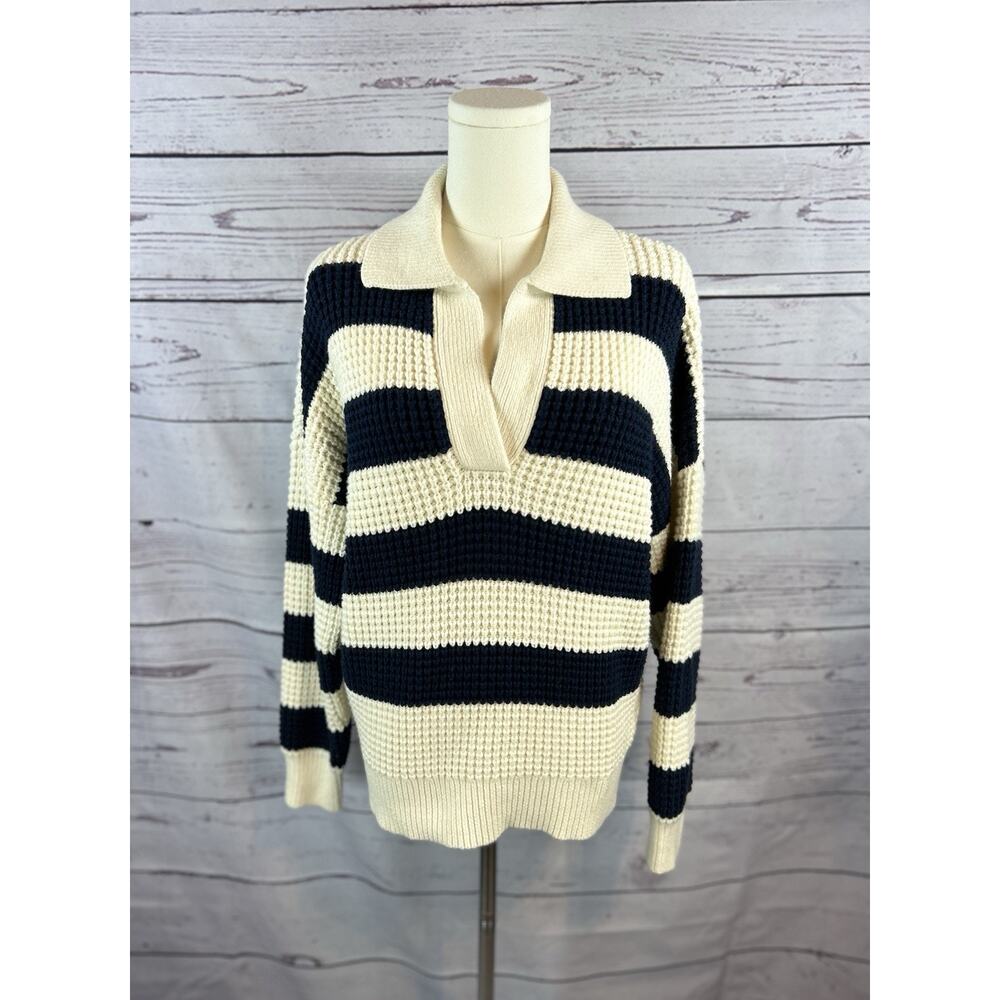 Madewell Sweater Womens M  Waffle Knit Henley Cream Navy Striped Wool Blend Prep